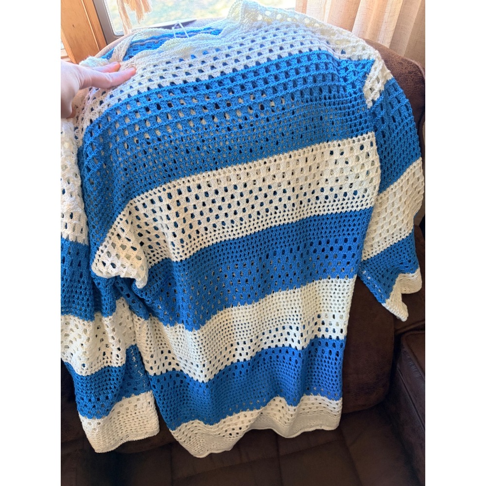Anrabess Womens Blue White Striped Crochet Knit swim suit coverup Size M NWT